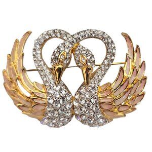 Nolan Miller Gold Tone Clear Rhinestone Pink Enamel Swans Brooch, Signed M547